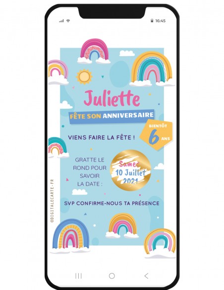 Carte invitation à gratter thème arc en ciel numérique
