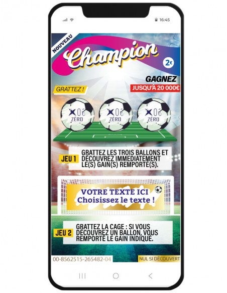 ticket à gratter en ligne personnalisable champion thème foot but