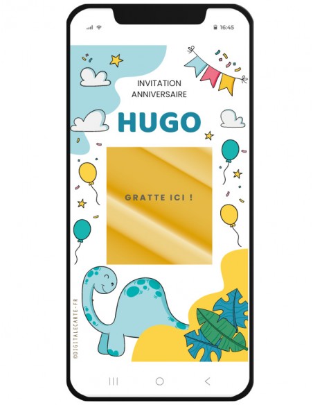 Carte numérique invitation à gratter dinosaure anniversaire