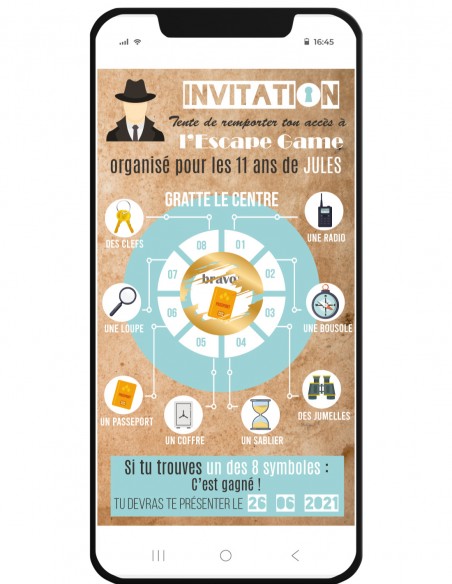 Carte invitation à gratter escape game personnalisée