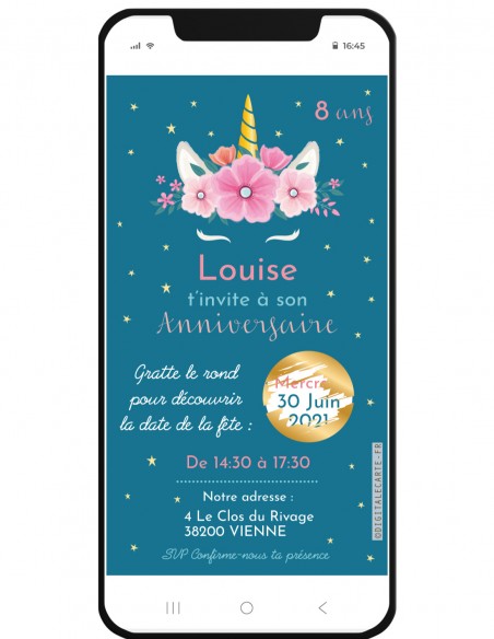 Carte invitation numérique à gratter licorne personnalisée