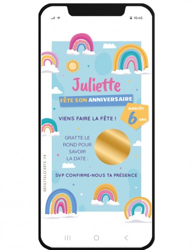 carte a gratter invitation anniversaire arc en ciel